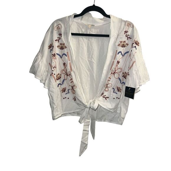✨Mystree Kimono Embroidered Ruffle Sleeve Sz Small Top Tie Front✨ - Picture 7 of 12